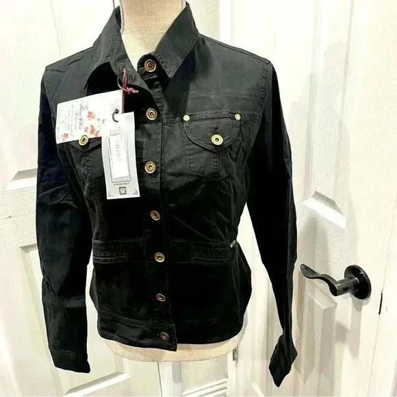 Mayo Chix Italian made, denim Jacket black, button front, fitted NWT - Picture 1 of 13